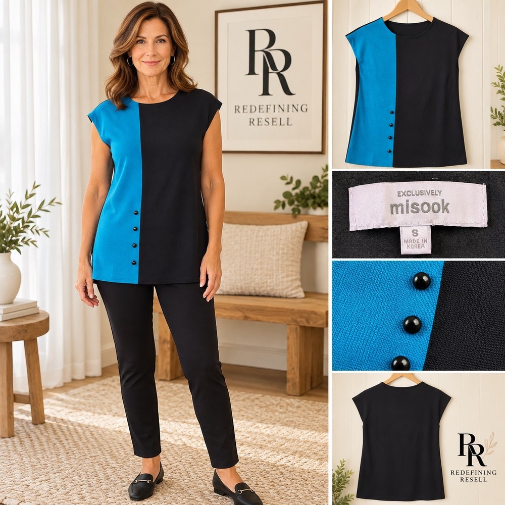 Misook Women Black Turquoise Colorblock Button Knit Tunic Top Sleeveless Small